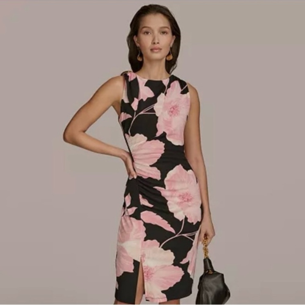 New Donna Karen very flattering Floral Pink and Black Sleeveless Dress